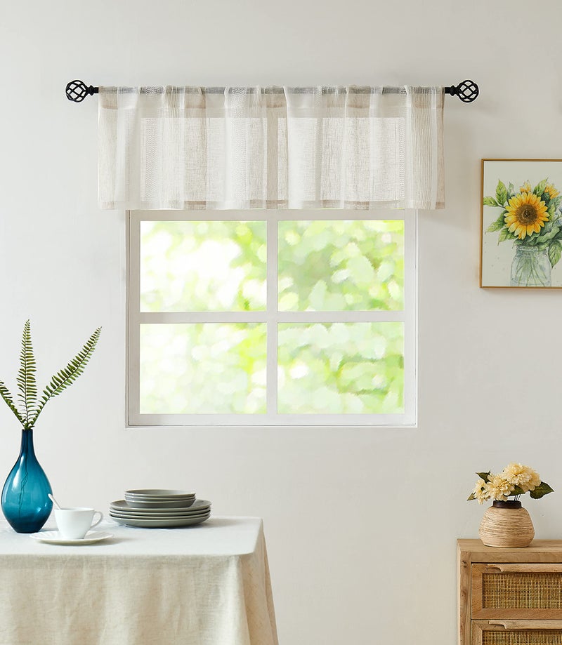 Central Park Beige and White Kitchen Window Curtain Valance Vertical Stripe Sheer Boucle Linen Window Curtain, Living Room Decorative Rod Pocket (54" W x 15" L) Rustic Living Panels - Image 1